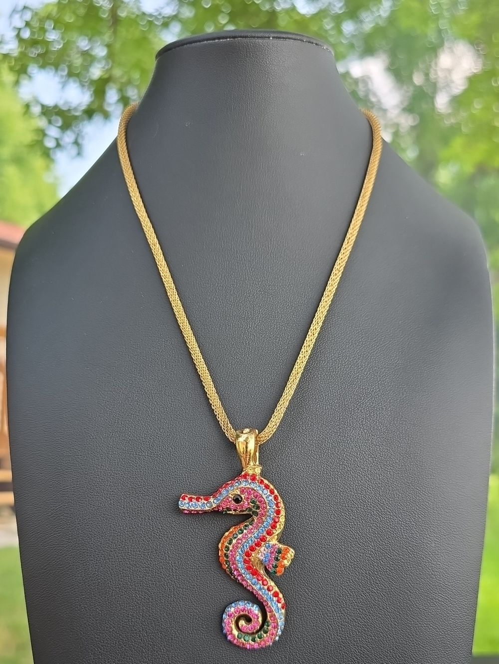 Vintage Signed RMN Roman Multicolored Rhinestone Seahorse Pendant Necklace